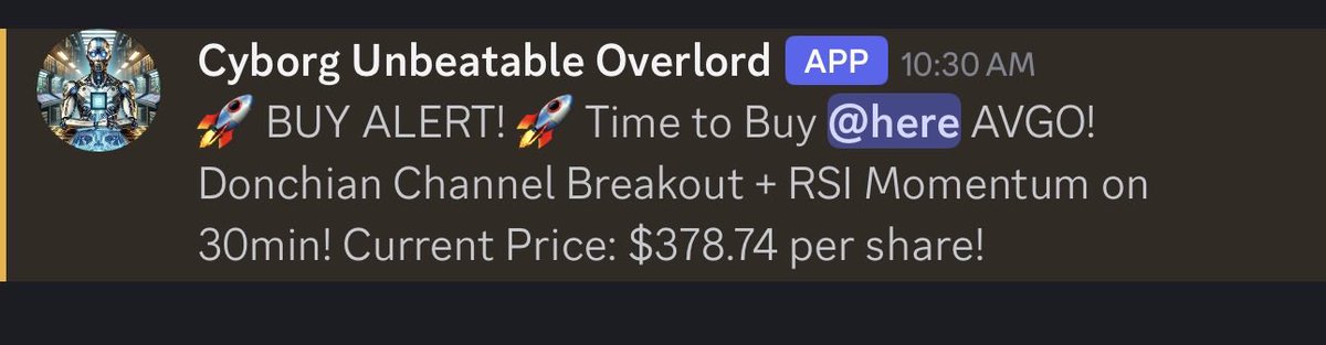 🚨 TRADE ALERT: AVGO BUY SIGNAL 🚀

💥 Backtested proven Momentum strategy triggered on the 30min candle today 

💥 Entry at $378.74

🔥 $AVGO currently trading at $393.23 AH

📈 Strong breakout + momentum continuation setup

📈 Get real-time buy &amp; sell alerts like this in our