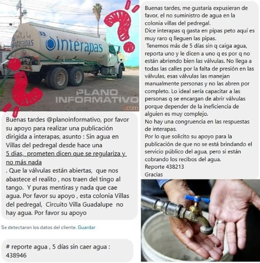 Planoinforma's tweet image. 🔴 #DenunciaCiudadana #SLP | 🚨❗️ Vecinos de Villas del Pedregal denuncian 5 días sin agua
Reportan que Interapas San Luis Potosí hace caso omiso a sus denuncias y que hay incongruencia en sus respuestas, ya que 'prometen' reabastecer el suministro de agua y nada, ni las pipas