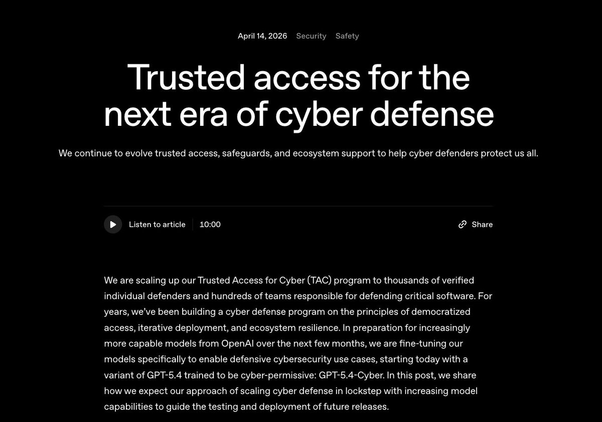 OpenAI launched GPT-5.4-Cyber, its 1st model built specifically for cybersecurity defense.

It's a fine-tuned v. of GPT-5.4 with few restrictions for legitimate security work, designed to gv defenders access to frontier AI capabilities w/o the usual guardrails getting in the way.