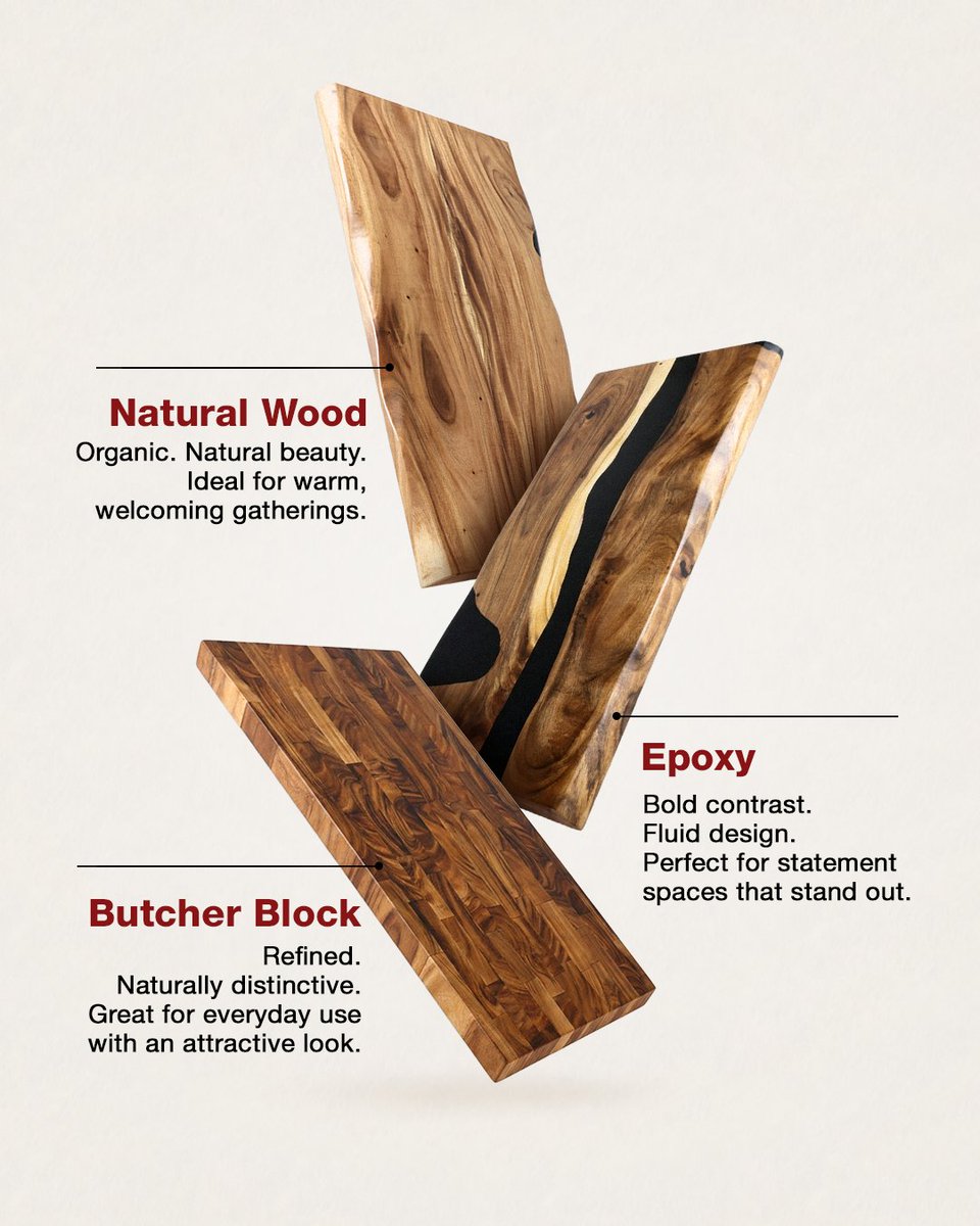 LumberGrand's tweet image. Choosing a tabletop isn't just about looks; it's about how you plan to live with it.

Take a closer look at the guide below and see which one fits your space best.

#LumberGrand #butcherblock #naturalwood #epoxy #woodtable #woodtabletop
