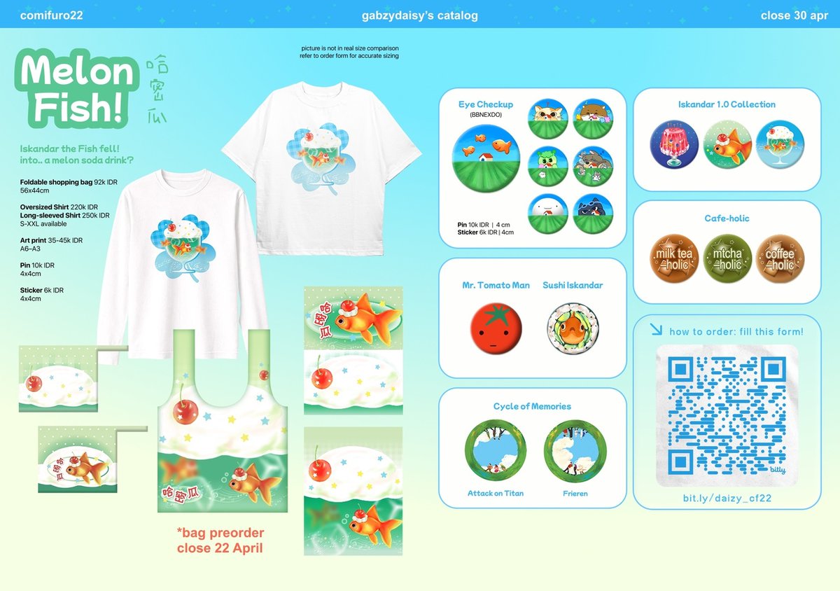 stuffsite's tweet image. ★ hawooo ! aku open preorder melon fish bag (tas belanja foldable) dan printilan lainnya (oversized/longsleeve shirt, pins, stickers, art prints) boleh reply kalo mau di tag atau lgs scan qr yg di foto yachh ★ [gabzydaisy] sells