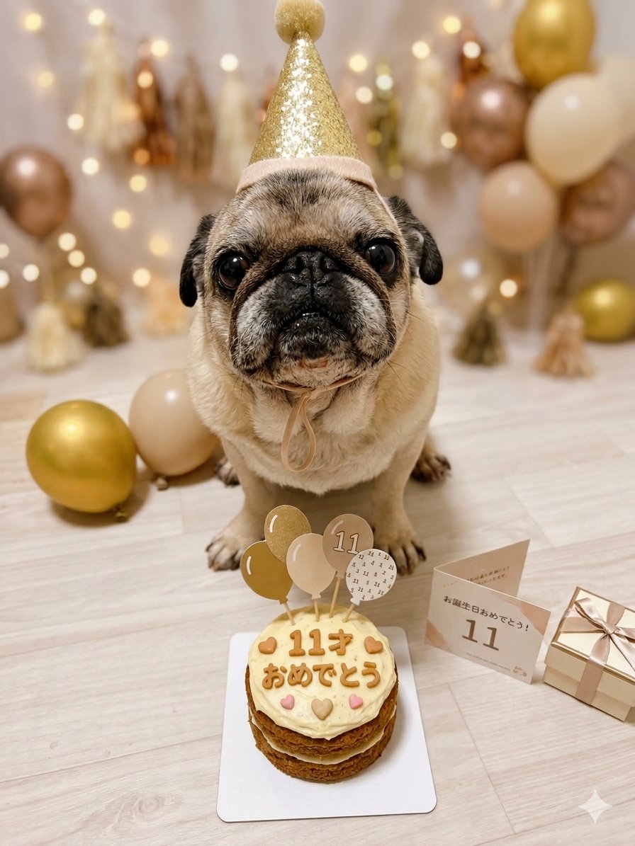 KOTARO_LUU_RAI's tweet image. 小太郎11歳の誕生日おめでとう🎉㊗️
元気に長生きするんだよ😊✨✨(ღ✪ｖ✪)
 #誕生日  #11歳の誕生日 #pug #パグ