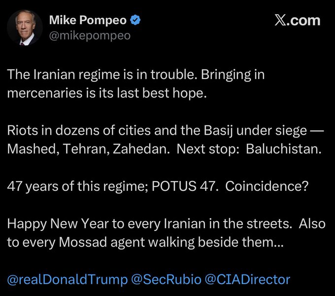 Mosaddegh1951's tweet photo. You delusional Pahlavi supporter's made up Fake claim of 40,000 or 50,000 Iranians killed in 6 days is completely fake with zero evidence. You want people to believe Iran killed the same number of people as Israel did in Gaza in 3 years and did it in 6 days? These bullshit numbers change every single day because you clowns just pull them out of your ass to sound relevant. 

These riots were started and fueled by Israel and Mossad all along. The US government, including Trump, Mike Pompeo, and even the New York Times, admitted they armed these domestic terrorists. Mossad was with them the whole time, directing the whole thing. And guess what, you hypocrite? These armed terrorists you defend killed over 800 innocent police officers.

So yes, the Iranian police and Army have every right to arrest, kill, or punish these domestic terrorists attacking their own cities. How would the USA, UK, or any other country handle armed domestic terrorists or gunmen bombing and shooting up their streets? You and your Pahlavi cult are a bunch of stupid hypocrites who only care about bringing a loser clown prince to be a king. ( Read Mike Pompeo Tweet, Moron!)