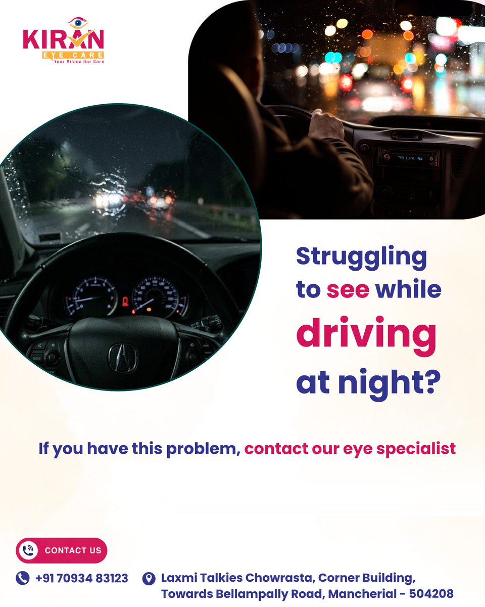 KiranEyeCare's tweet image. 🚗 Trouble seeing at night?

Glare, halos &amp;amp; blurred vision while driving can signal eye problems.

Get your eyes checked at Kiran Eye Care, Mancherial
📞 70934 83123
#NightVision #EyeCare #MancherialHealth