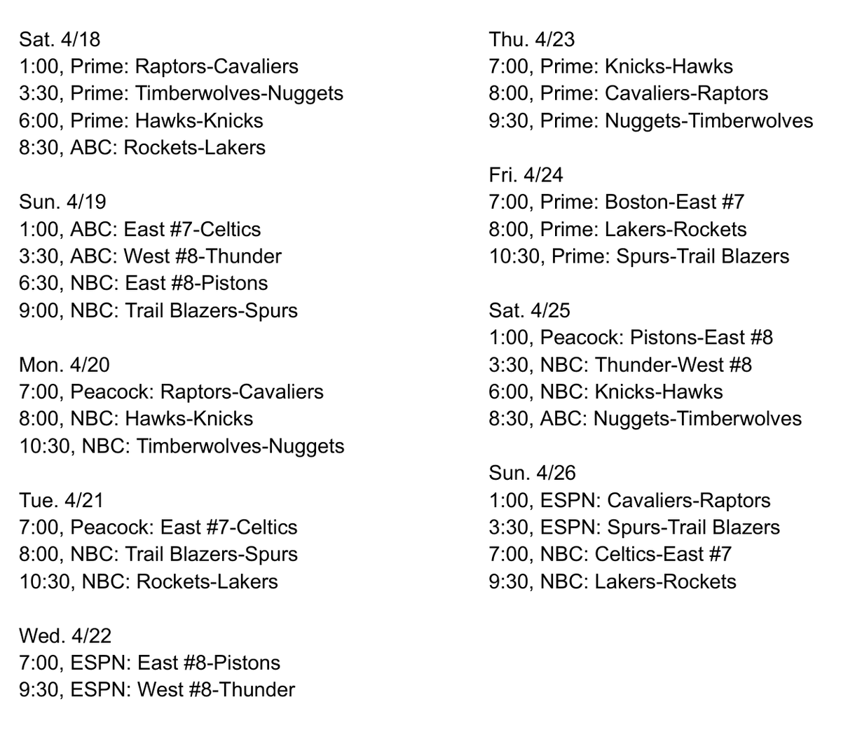 Day-by-day TV schedule for first week of NBA playoffs (ET):