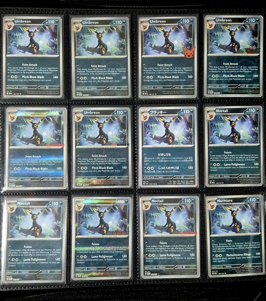 holocards_tcg's tweet photo. finally finished all 29 versions of OBF umbreon!
- all variants
- all languages

with the empty space, i thought i'd support my friends by commissioning artwork from them! :)

so proud of this, took me 2 years but it's finally done!

#pokemontcg #pokemon #umbreon https://t.co/EZ4ZeqX1BP