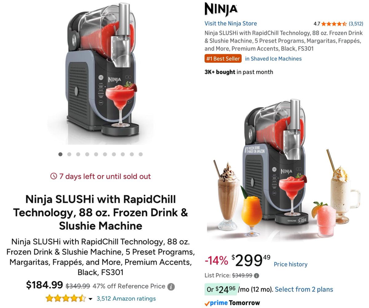 GlitchedDeals's tweet image. NINJA SLUSHI MAKER ALL-TIME LOW

Woot discounted this  to $185

Amazon is currently selling this exact same model for $300

Includes free shipping and a free 30-day return policy

go.magik.ly/ml/3pnj7/ #ad