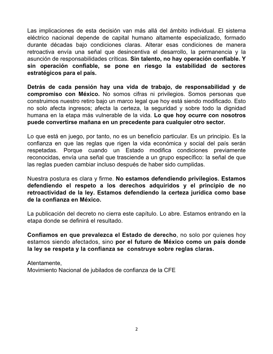 rnjubiladoscfe's tweet photo. Pronunciamiento Público Del Movimiento Nacional De Jubilados De Confianza De La CFE En Relación a La Publicación Del Decreto De Reforma Al Artículo 127 De La Constitución Política De Los Estados Unidos Mexicanos 

#EstadoDeDerecho #CertezaJuridica #derechosaquiridos https://t.co/k5M0KgmHmo