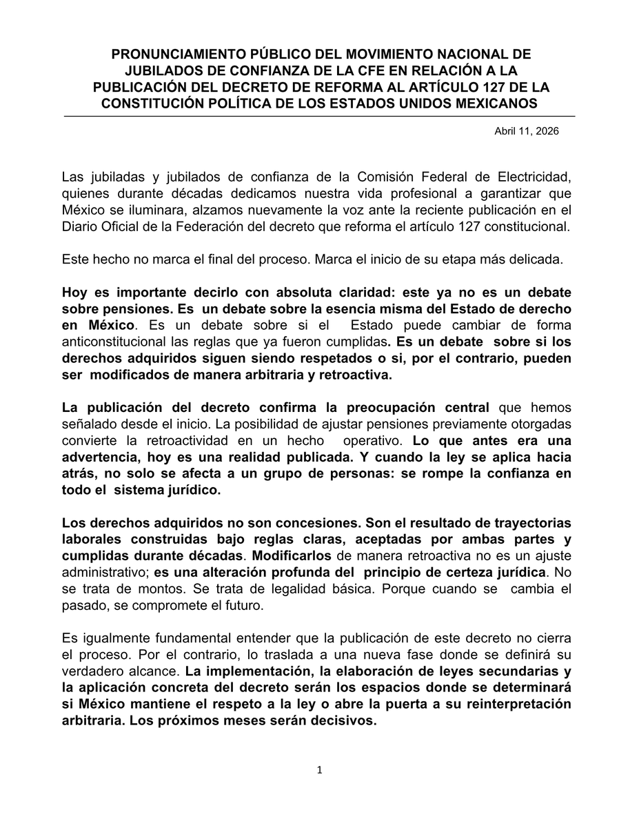 rnjubiladoscfe's tweet photo. Pronunciamiento Público Del Movimiento Nacional De Jubilados De Confianza De La CFE En Relación a La Publicación Del Decreto De Reforma Al Artículo 127 De La Constitución Política De Los Estados Unidos Mexicanos 

#EstadoDeDerecho #CertezaJuridica #derechosaquiridos https://t.co/k5M0KgmHmo