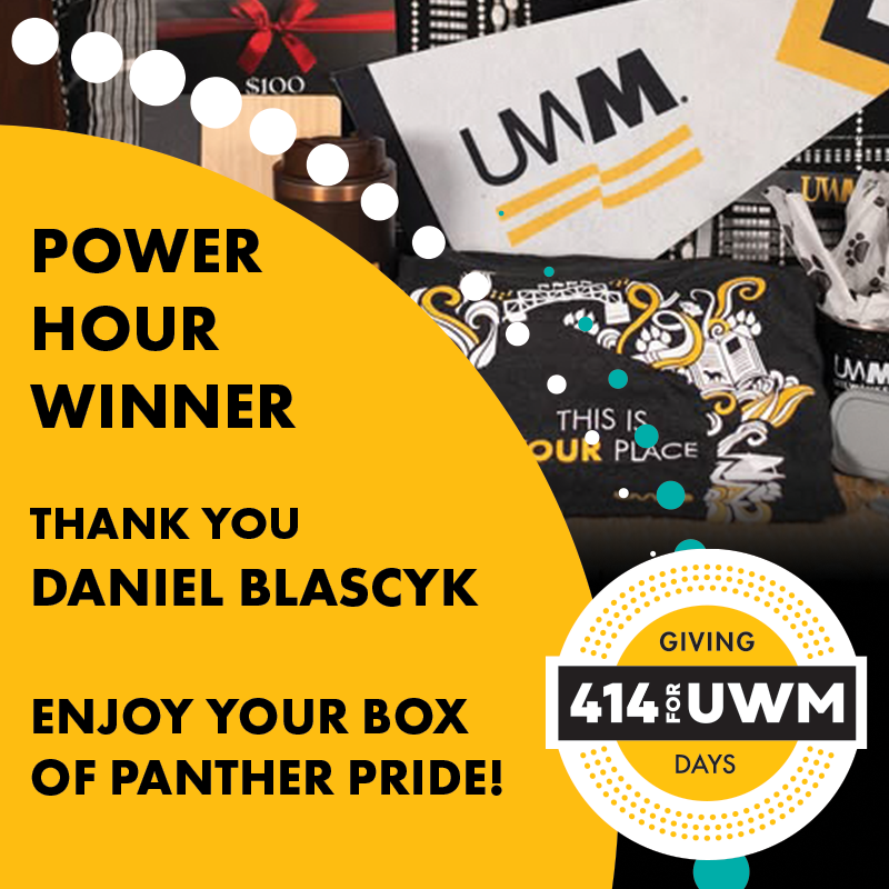 UWMAlumni's tweet photo. Congratulations to our Power Hour winner, Daniel Blascyk, who will receive a UWM prize pack and $100 gift card!

Haven't made your #414forUWM gift yet? There's still time! Donate now at https://t.co/0rBdgBwaY6 and show your Panther pride. https://t.co/EYxPd9gZvS