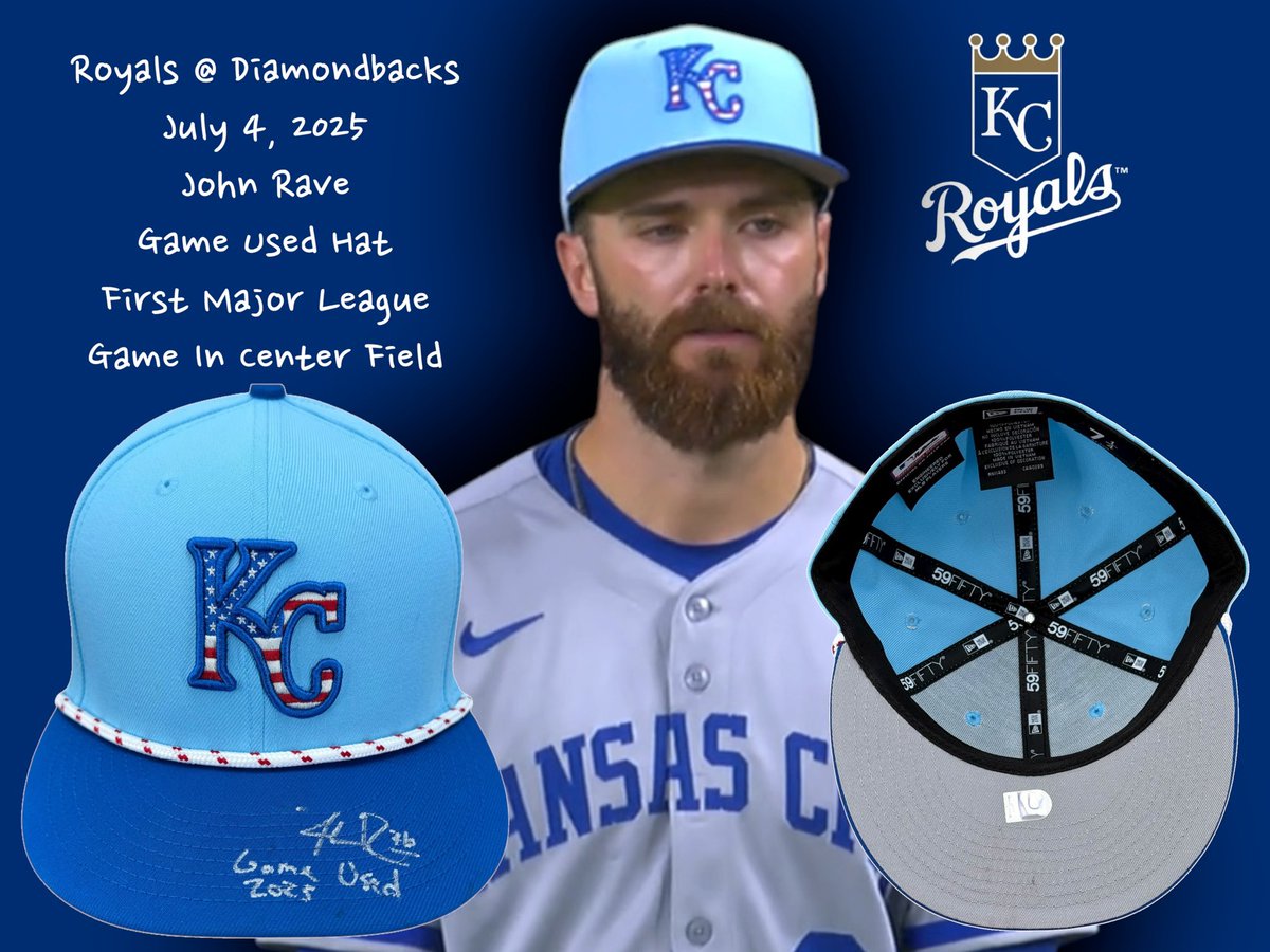 RoyalsCollector's tweet photo. Congratulations John Rave on being named International League player of the week!  On Storm Chasers Opening Day in Omaha John signed &amp; inscribed this #GameUsed 2025 4th of July hat for me. This hat was used in his 1st MLB game in Center Field. #StirUpTheStorm #FountainsUp https://t.co/Nvd4U3VI4S