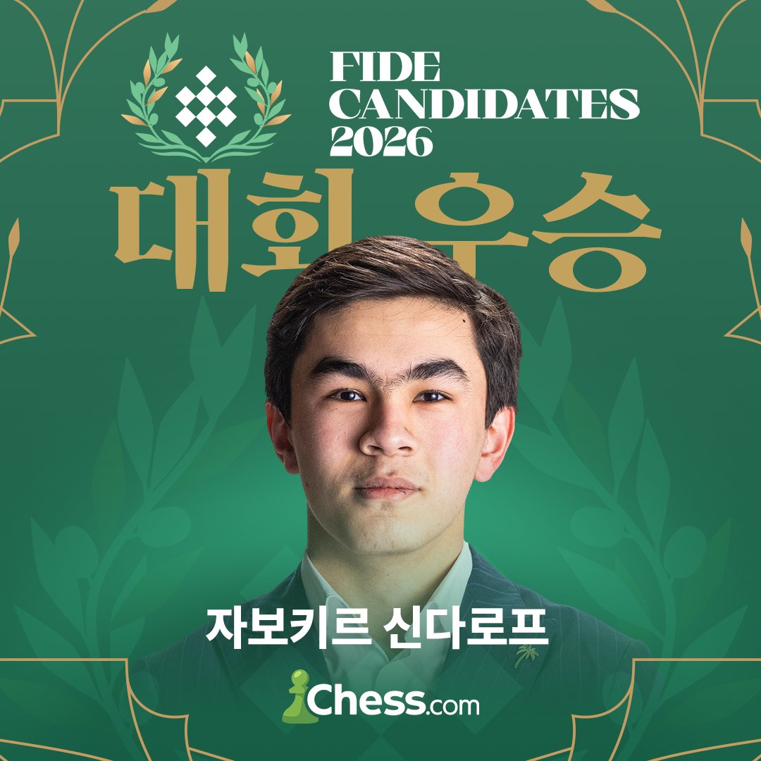 chesscom_kr's tweet photo. 우즈베키스탄의 체스 그랜드마스터 자보키르 신다로프가 6승 7무 0패의 성적으로 1라운드를 남기고 2026 FIDE 도전자 결정전에서 우승을 차지했습니다.🎉

도전자 신다로프는 올해 연말에 열릴 월드 챔피언십에서 세계 챔피언 구케시 돔마라주와 왕좌를 놓고 대결을 펼치게 됩니다!👑 https://t.co/2vTvRkY96J