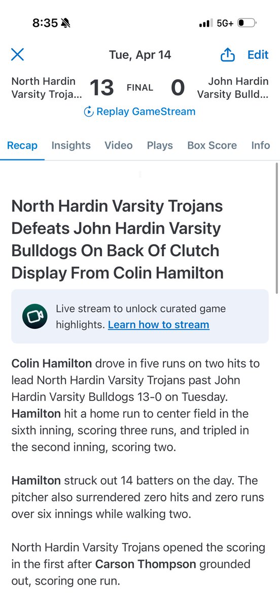 chamilton725's tweet photo. Started district play, started on mound throwing a CG NO HITTER with 14Ks 2BB. At the plate hit 💣 #2 and tripled! https://t.co/RbZTu99LoF