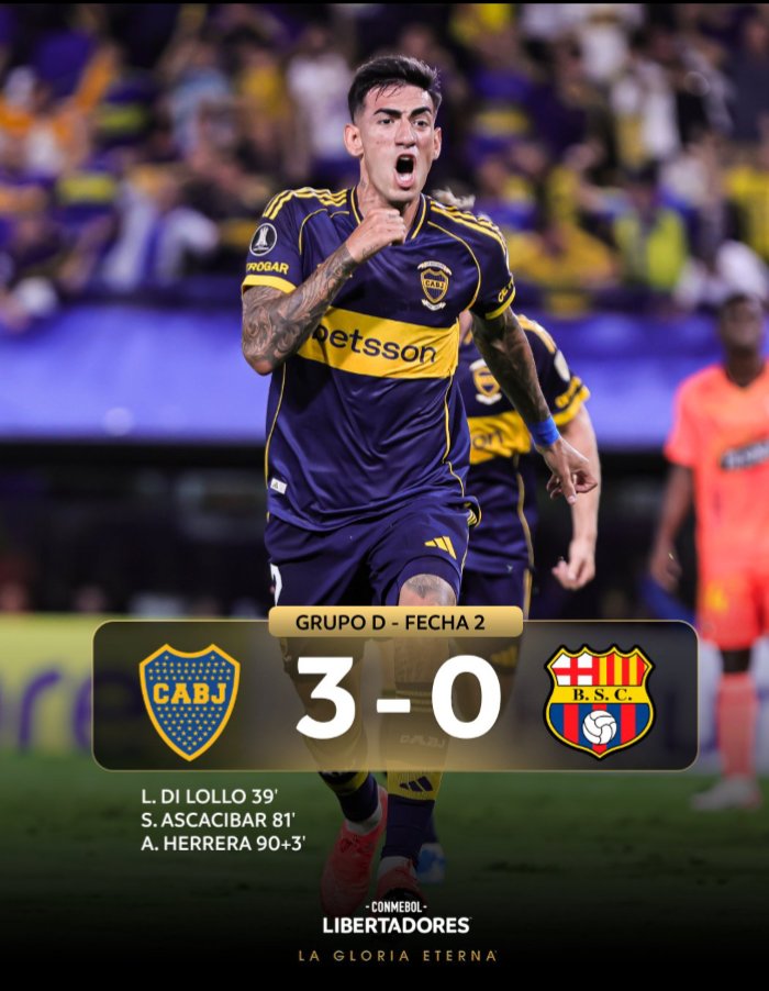 GOLEADA del Xeneize.
#BocaJuniors 3-0 #BarcelonaSC desde el inicio Boca propuso, llegó, dominó. BSC se encerraba y es más solo dos veces pateó al arco. Este resultado pudo ser con dos goles más de no ser por las buenas atajadas de Contreras. Dura derrota de los toreros.