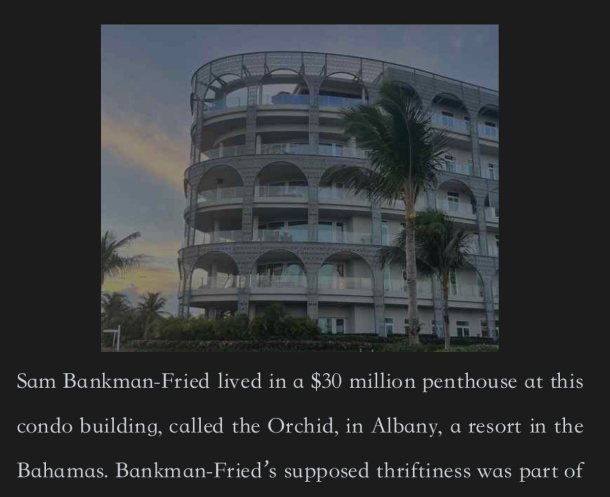 前世界第二大币圈交易所 FTX 创始人 SBF，早年对外通过媒体塑造的形象，一直是“极度节俭”加“有效利他主义（Effective Altruism）”那一套。

比如开二手本田、睡豆袋椅、和室友合住，对外界宣称他物质欲望很低、赚钱只是为了日后拿去“做好事”，“做慈善“。

但后来调查记者 Z.Faux