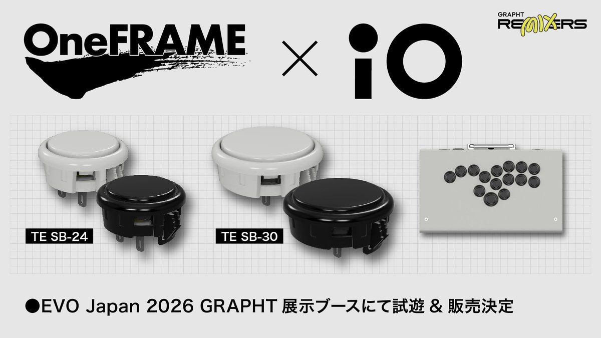 TeamGRAPHT's tweet photo. 【#OneFRAME × iO】
#EVOJ26 GRAPHTブース情報📣

先日、両社で互換性を確認したOneFRAME TE（Tournament Edition）SB-24 / SB-30 について、

『iO』装着機での試遊＆ボタン販売を予定しています！

#EVOJ2026GRAPHT https://t.co/kr4J4A4bKG