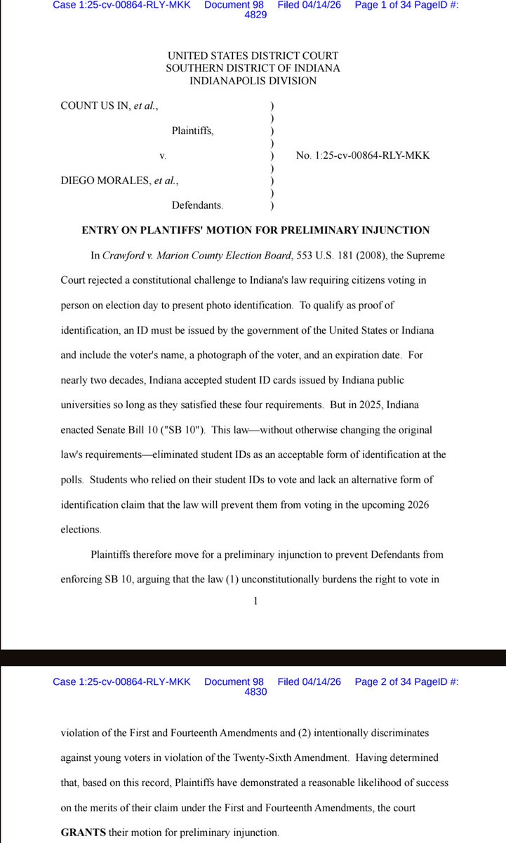 EWess92's tweet image. The U.S. Supreme Court agreed that Indiana can require Voter ID. In 2025, Indiana clarified that it must be state issued ID like a driver's license or passport--not a student ID. The district court enjoined enforcement of the law. I'm pretty skeptical of the logic.