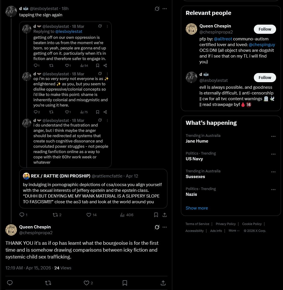 prokyonidae's tweet photo. in the QRTs of the OP, and what do I find? you dismissing serious concerns about CSAM in fiction to people being "disgusted" by "icky" fiction.
it's reactionary &amp; reductive to infantilise critics' rational analysis, and paint it as an emotional ("hysterical") disgust response. https://t.co/APpnK6sGy7