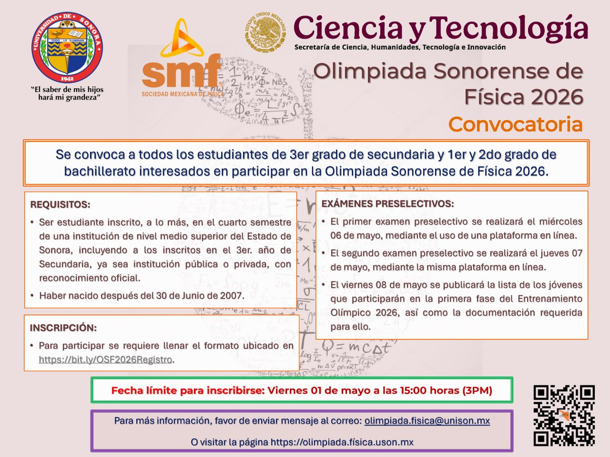 OEFSonora's tweet photo. Ya puedes revisar la convocatoria de la Olimpiada Sonorense de Física 2026.

Para más información, puedes consultar la página https://t.co/ehvjI5qV8o

@SoyUnison @desdelauniversi @cobach_sonora @conalep_sonora @DgetaycmSonora @CecytesSonora @SECSonora @TMXDigital @TelevisaSON https://t.co/zrwn5eLUc9