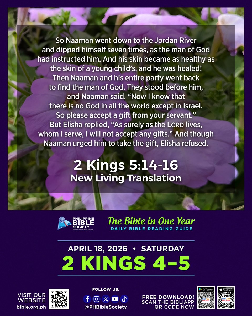 PHBibleSociety's tweet image. Join us for a meaningful journey through the Word of God! Today's Scripture reading is from 2 Kings 4–5.

#DailyBibleReadingGuide
#PBS #PHBibleSociety