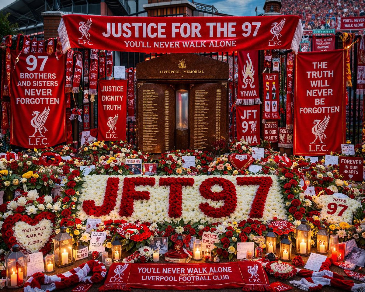 lfcgradyspage's tweet photo. The 97 souls lost at Hillsborough are far more than just names on a memorial; they are the heartbeat of a city that refused to stay silent and a fan base that defined the true meaning of loyalty. For decades, families carried a burden of grief made heavier by the weight of injustice, fighting through the darkness to clear the names of those who never came home from a football match. The "Justice for the 97" campaign is a testament to the unbreakable bond of the Liverpool family a reminder that no matter how many years pass, the golden sky at the end of the storm belongs to them. Their memory lives on in every rendition of "You’ll Never Walk Alone," a sacred promise that they will forever be cherished, honored, and never, ever forgotten.

#lfc #ynwa #anfield