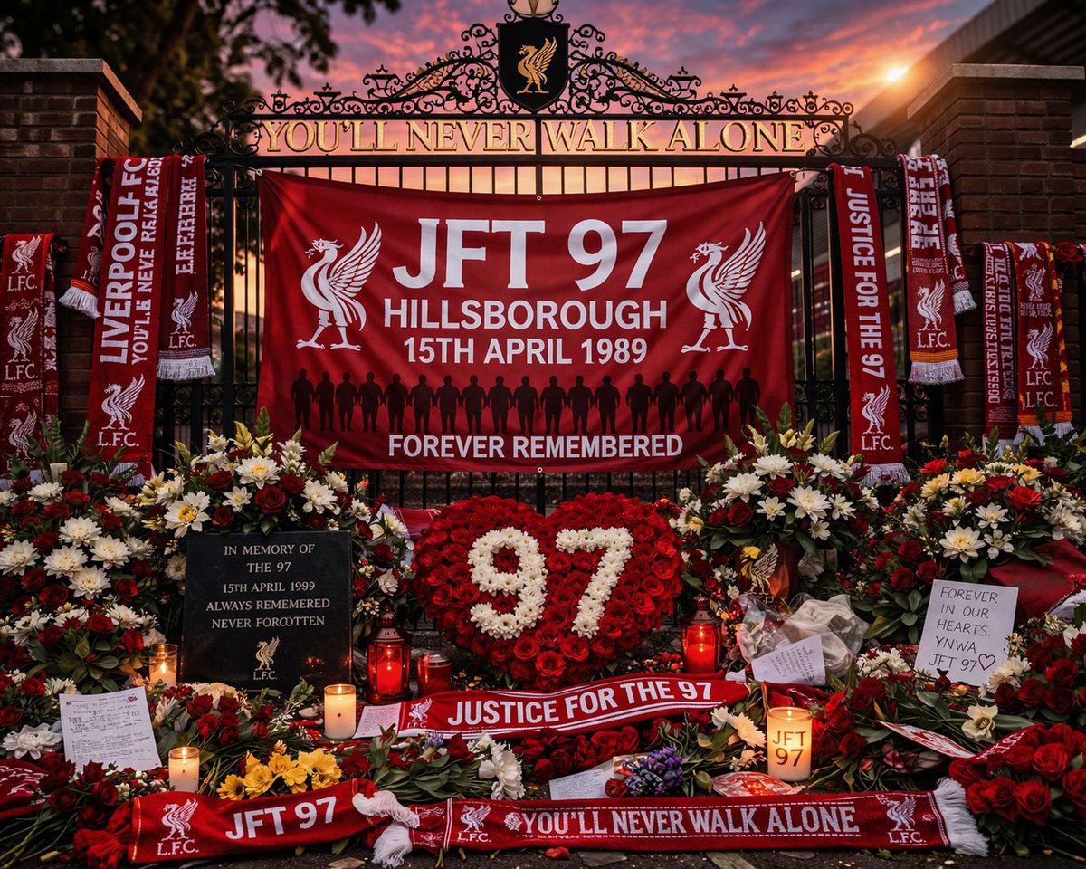 lfcgradyspage's tweet photo. The 97 souls lost at Hillsborough are far more than just names on a memorial; they are the heartbeat of a city that refused to stay silent and a fan base that defined the true meaning of loyalty. For decades, families carried a burden of grief made heavier by the weight of injustice, fighting through the darkness to clear the names of those who never came home from a football match. The "Justice for the 97" campaign is a testament to the unbreakable bond of the Liverpool family a reminder that no matter how many years pass, the golden sky at the end of the storm belongs to them. Their memory lives on in every rendition of "You’ll Never Walk Alone," a sacred promise that they will forever be cherished, honored, and never, ever forgotten.

#lfc #ynwa #anfield