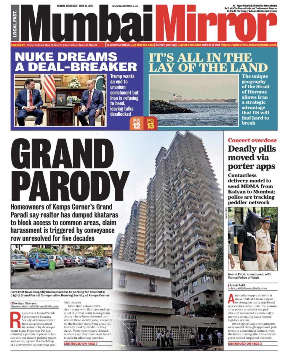 DiwakarSharmaa's tweet image. GRAND PARODY: Homeowners of #KempsCorner’s Grand Paradi say realtor has dumped #KHATARAS to block access to common areas, claim harassment is triggered by conveyance row unresolved for five decades

mumbaimirror.indiatimes.com/mumbai/cover-s…