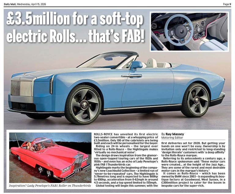 raymasseytweets's tweet image. Meet Rolls-Royce's exclusive new £3.5M two-seater #Nightingale #electric cabriolet that's just FAB for Lady Penelope.
Read me in print &amp;amp; extended online @DailyMail @DailyMailUK @thisismoney @rollsroycecars @GeorginaCox01 #luxury #lifestyle #RollsRoyce #EV
thisismoney.co.uk/money/electric…