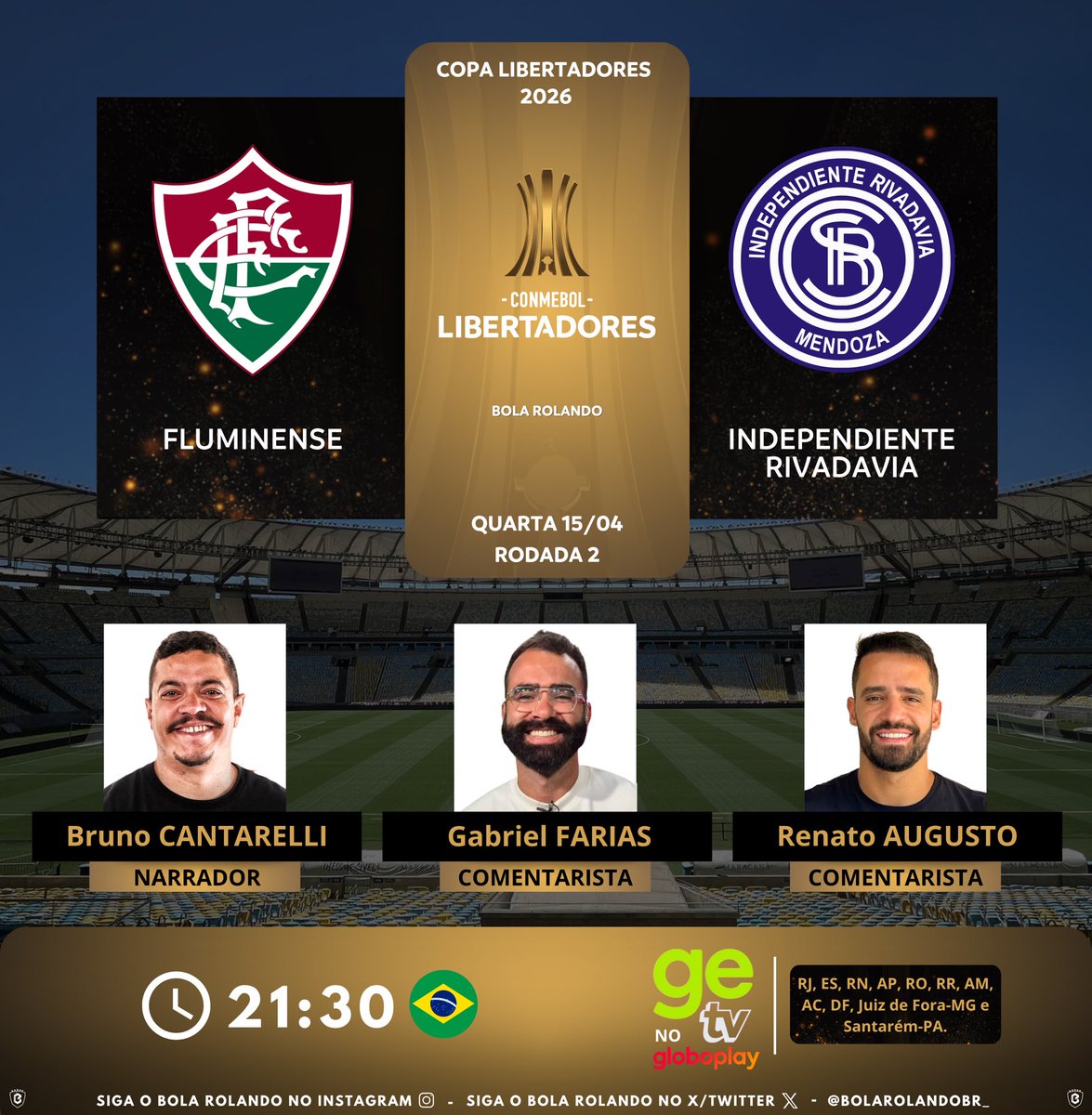 BolaRolandoBr_'s tweet photo. ⚽️ #Libertadores | Rodada 2
🇧🇷 #Fluminense x #IndependienteRivadavia 🇦🇷
🎙️ Narrador: @cantarellibruno
🎙️ Comentaristas: @gabrielfariasfc - Renato Augusto
📺💻📱 #GERV no @globoplay
#️⃣ #LibertadoresNaGETV - #GloriaEterna
Siga nosso perfil e dê RT 🔃 https://t.co/G4tgdivWNC