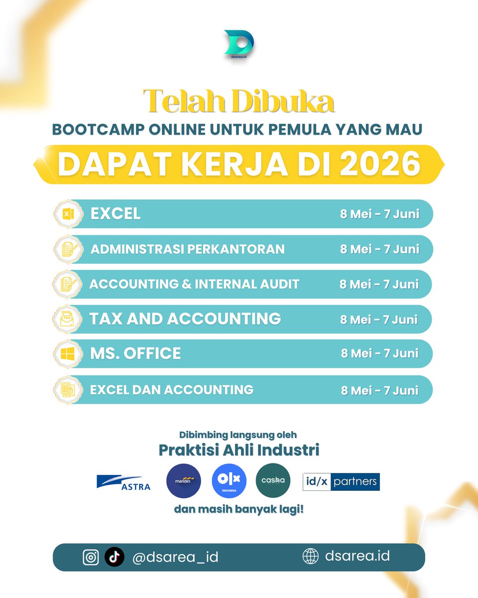 dsarea_id's tweet image. ⚠️JOBSEEKER ALERT⚠️

Gass gabung bootcamp dsarea batch berikutnya, buruan daftar terkhusus jobseekers yang lagi cari kerja atau yang pingin upgrade skill

#jobseekers #bootcamp #excel #dsarea #belajarexcel