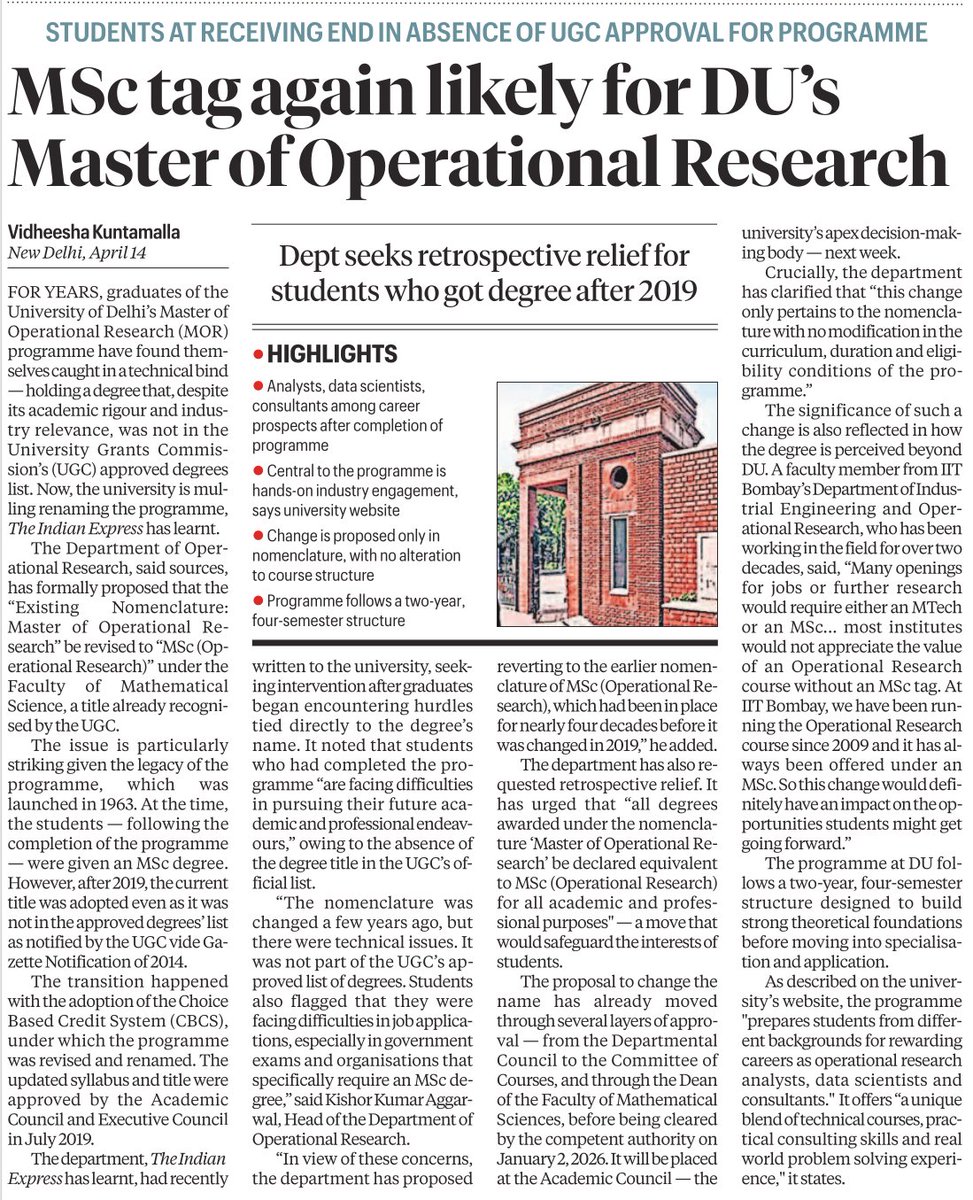 D_U_Teachers's tweet image. #DU #DelhiUniversity #UGC #MSc 

Indian Express, 15/04/2026