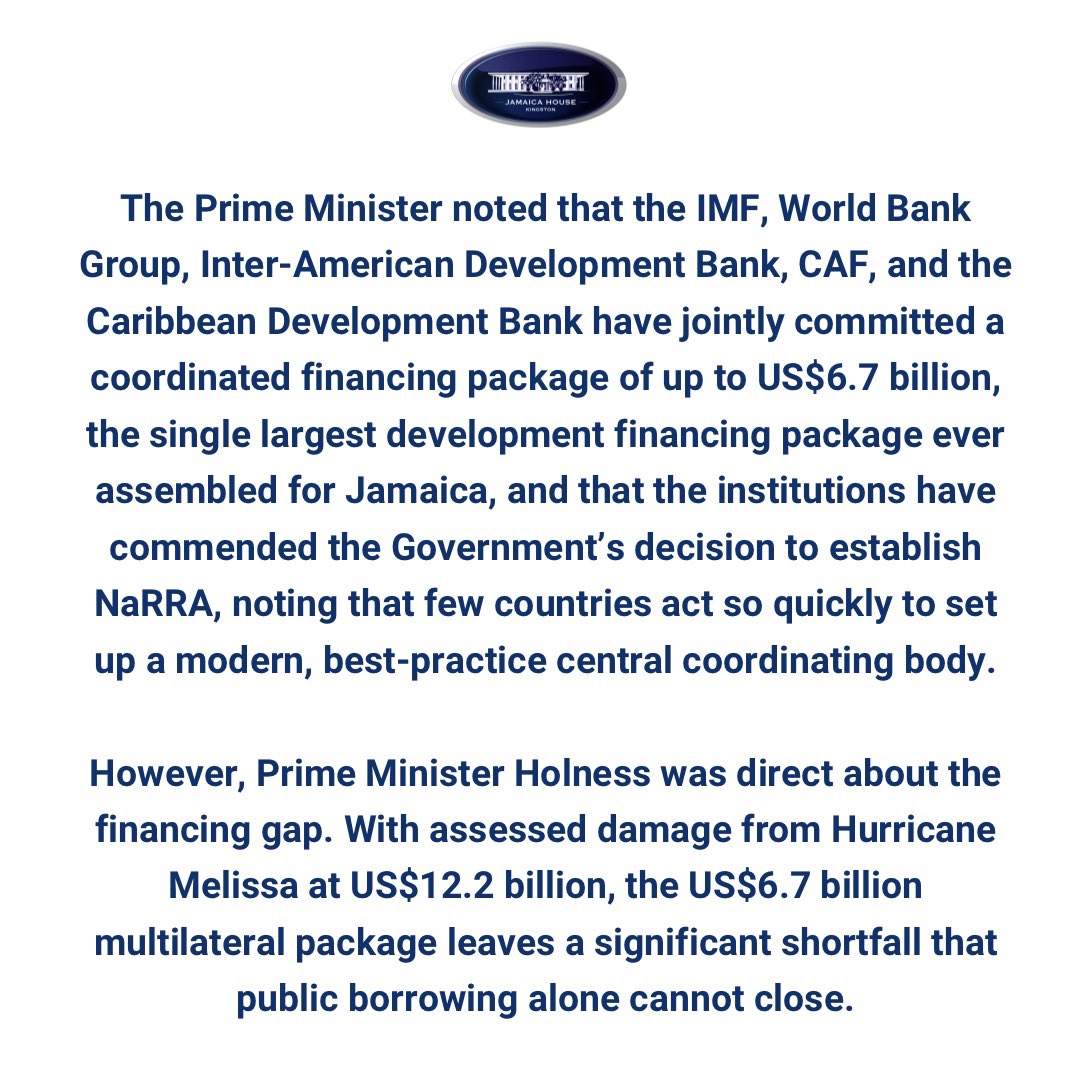 AndrewHolnessJM's tweet image. #PressRelease: Government Tables National Reconstruction and Resilience Authority Bill. 

Prime Minister Positions NaRRA as Central Mechanism for Recovery, Delivery and Economic Resurgence