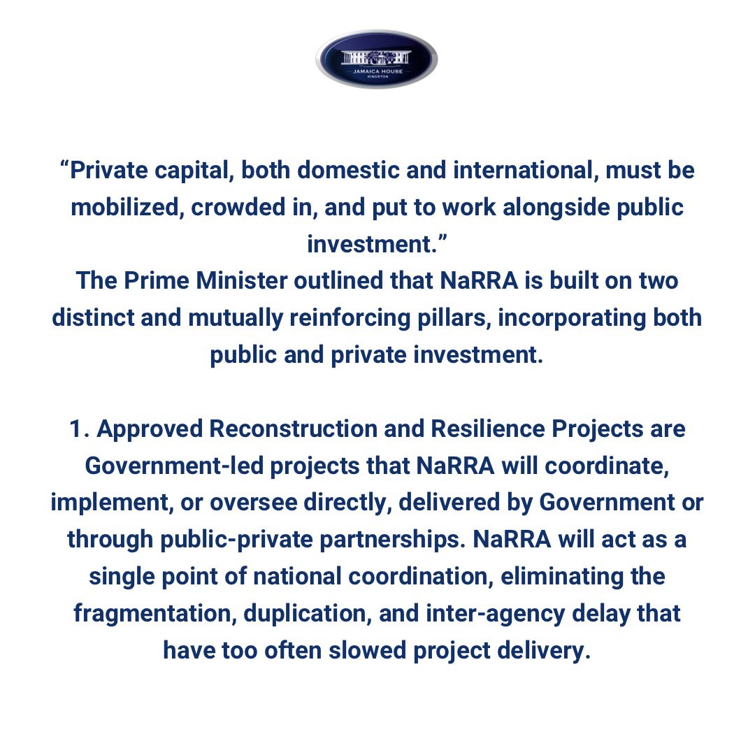 AndrewHolnessJM's tweet image. #PressRelease: Government Tables National Reconstruction and Resilience Authority Bill. 

Prime Minister Positions NaRRA as Central Mechanism for Recovery, Delivery and Economic Resurgence