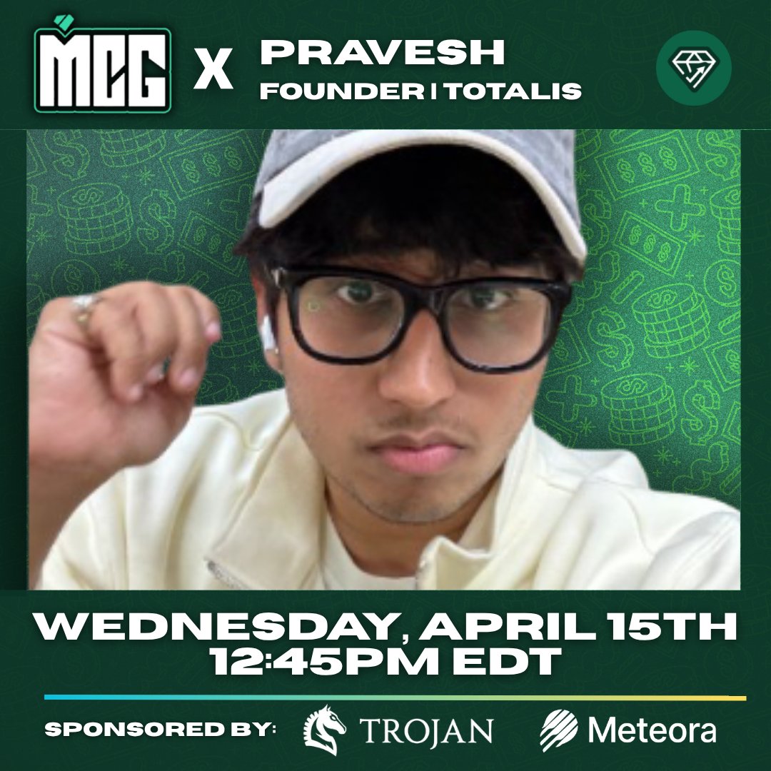MCGlive's tweet photo. Tomorrow on MCG @ 12:45pm EDT  

Pravesh, Founder of Totalis https://t.co/Zwvy8t1oQn