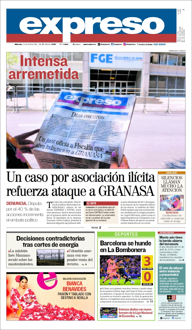 #PortadaExpreso | ¡Buenas noches, lector!  Esta es la portada de mañana, 15 de abril. Encuentra este diario en nuestros puntos de venta o suscríbete aquí 📷suscripcion.expreso.ec
