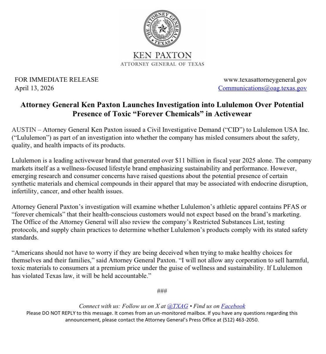 yicaichina's tweet image. All the #Lululemon products sold in China do not contain forever chemicals #PFAS, and they comply with relevant laws, regulations, and national and industry standards, 21Caijing reported yesterday. Texas Attorney General Ken Paxton announced an investigation into potential