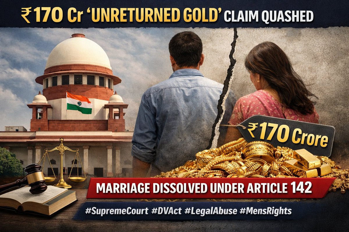 BurmeeM's tweet photo. Supreme Court quashes DV Act proceedings over ₹170 Cr “unreturned gold” claim, calling it an afterthought raised only after settlement. ⚖️
Reaffirms: criminal law can’t be misused to prolong matrimonial disputes. Marriage dissolved under Article 142.
#SupremeCourt #DVAct #LegalAbuse #MensRights #Judiciary #IndianLaw #Justice #FamilyLaw