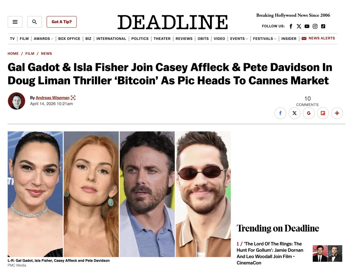 BitcoinNewsCom's tweet photo. HOLLYWOOD FILM 'KILLING SATOSHI' RETITLED ‘BITCOIN’ IS ABOUT CRAIG WRIGHT 

The Craig Wright biopic is now officially titled Bitcoin, heading to the Cannes Market with a high-profile cast.

Gal Gadot and Isla Fisher join Casey Affleck, who plays Wright, alongside Pete Davidson as Calvin Ayre. The film is directed by Doug Liman.

The synopsis centers on Wright’s controversial claim to be Bitcoin’s creator, sparking a global firestorm involving tech billionaires and world leaders, with the future of the financial system at stake.

The project previously drew attention after a casting notice revealed plans to use AI-driven performance techniques, including markerless capture and digital adjustments to actors’ performances.