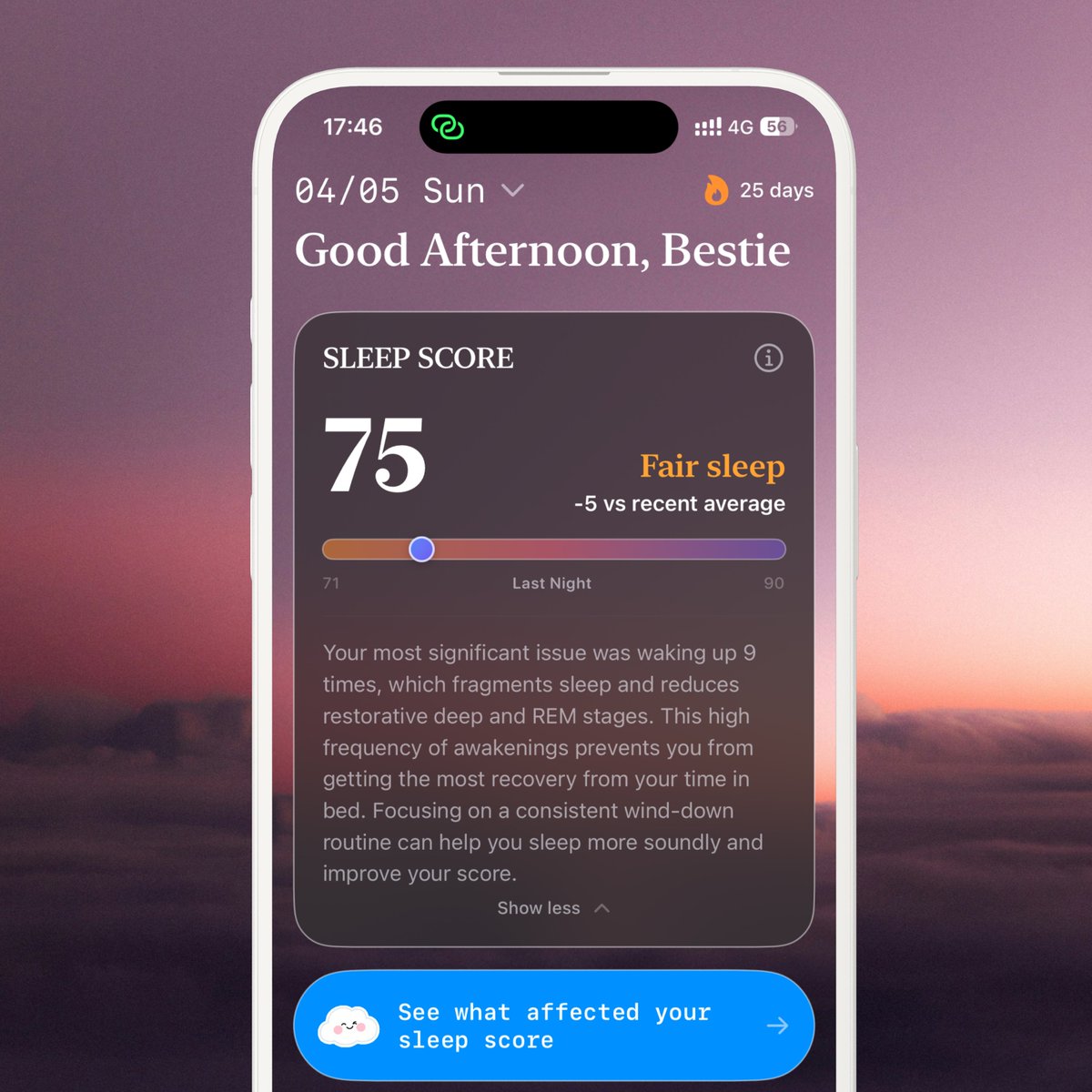 SleepBestieAPP's tweet photo. A Warning Sign⚠️: A decent 75 score, but 9 separate awakenings.

This level of fragmentation means your sleep is just a series of catnaps, severely impacting physical and mental recovery. A consistent wind-down routine is a non-negotiable for true rest.
#healthtracker #sleep https://t.co/LvONV6QSa2