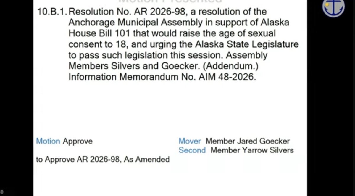 rep_gray's tweet photo. Big thank you to the Anchorage Assembly for unanimously passing a resolution in support of my bill HB 101 that raises the age of consent in Alaska to 18 which will protect our young people from predators. I hope the bill will move quickly to the Senate floor. #akleg https://t.co/Y7qwUfREwj