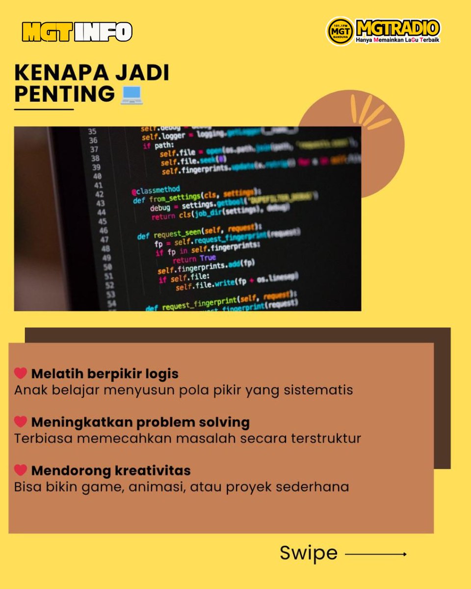 MGT_RADIO's tweet image. Coding sejak kecil: kebutuhan atau tren? 

Bukan cuma soal jadi programmer, tapi melatih logika, kreativitas &amp;amp; problem solving.

Yang penting bukan jadi ahli, tapi siap hadapi dunia digital.

Menurut kamu gimana?
#MGTRADIO #CodingAnak #FutureSkills
