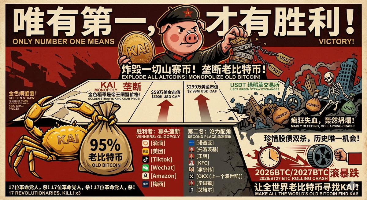USADFinance's tweet photo. From destroying USDT & shitcoins to vintage BTC monopoly—Peppa BitPig’s moves shock all.

No 95% vintage BTC monopoly? KAIC & USAD are air.

History only happens ONCE.

2026/2027 double-crash, stock-bond bloodbath—seize it.

Second place is dead. Only KAI reigns.

#BTC2026 #CryptoHistory #Monopoly