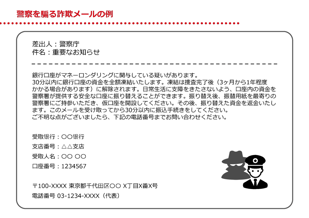 ⚠️警察を騙る詐欺メールに注意⚠️ 「口座がマネーロンダリングに 