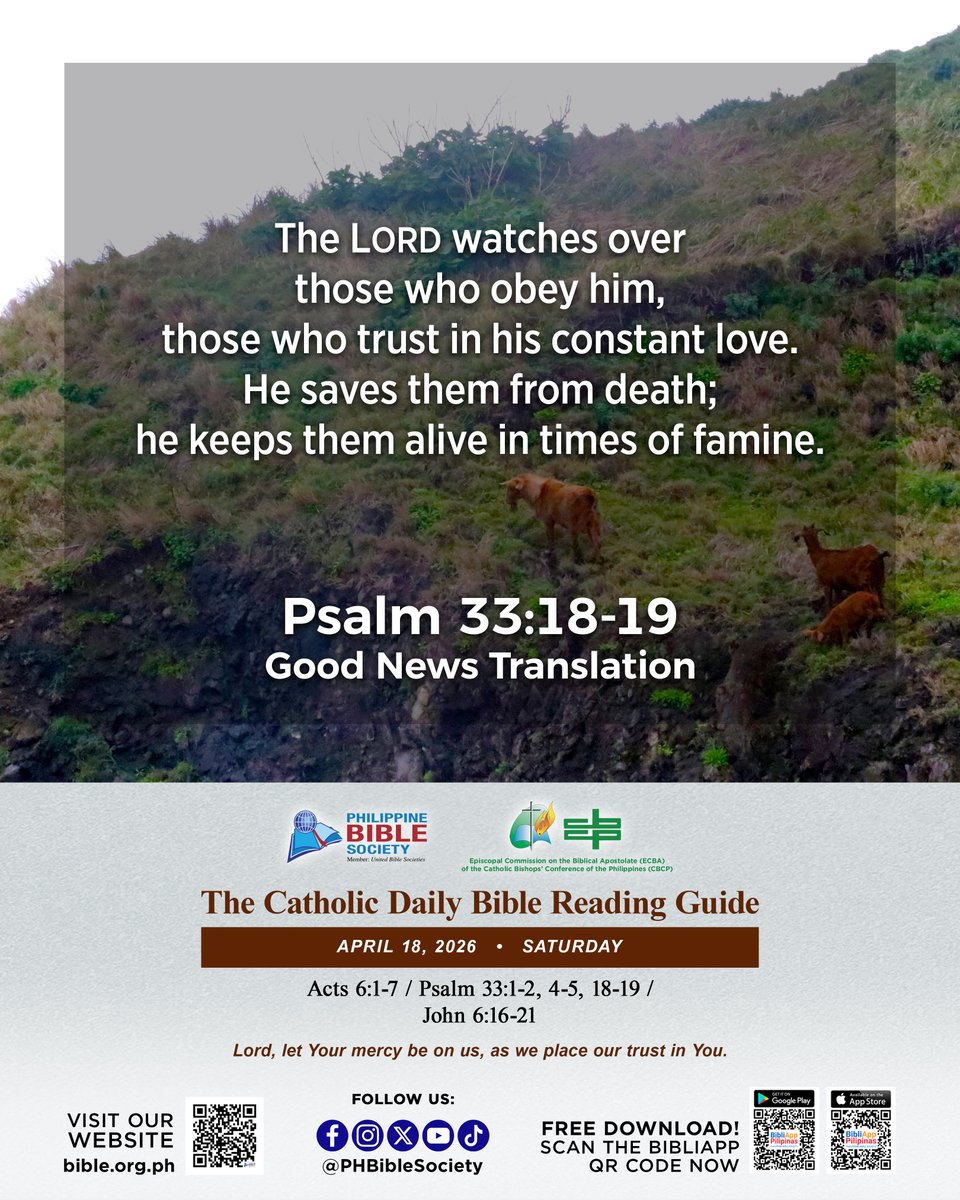 PHBibleSociety's tweet image. Join us for a meaningful journey through the Word of God! Today's Scripture reading is from:

Acts 6:1-7
Psalm 33:1-2, 4-5, 18-19
John 6:16-21

#DailyBibleReadingGuide
#PBS #PHBibleSociety