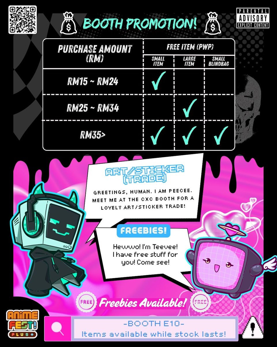 🛍️BOOTH PROMOTION!🛍️

We have freebies, and PWP available! You may also be interested in our sticker &amp; art trade, let's exchange our creativity!

(2/6) #animefestplus2026