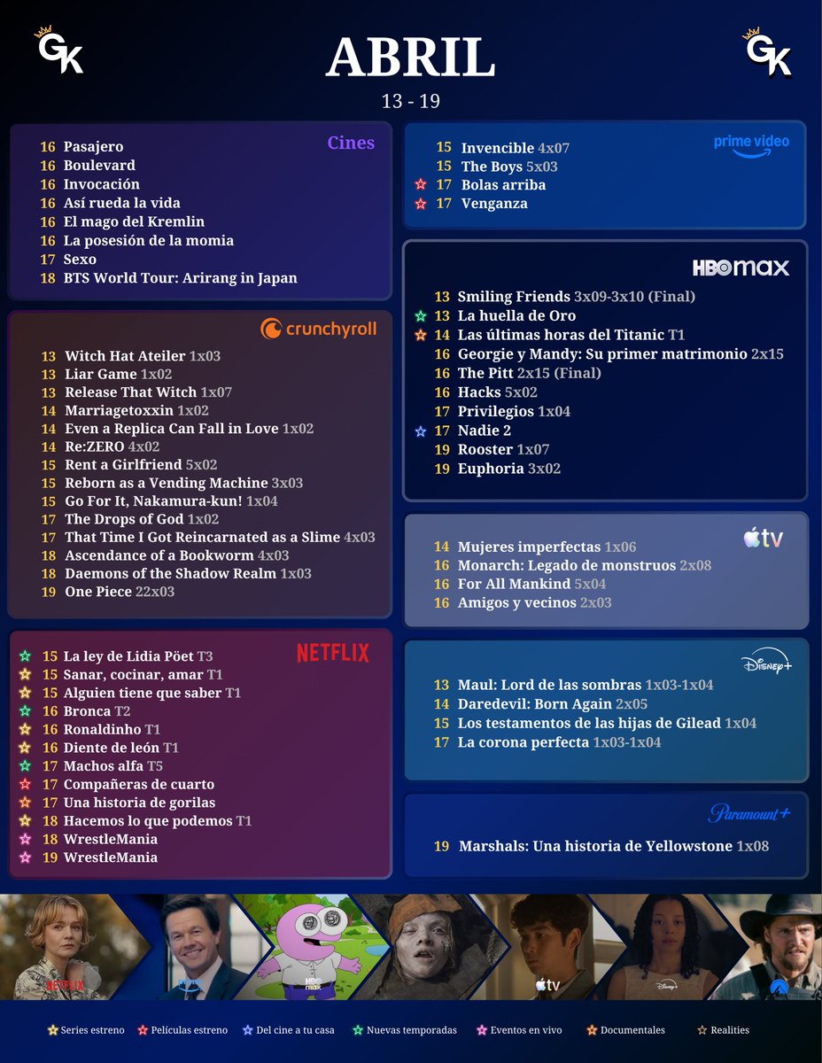 GeekGK_'s tweet image. 🍿 | ESTRENOS SEMANALES
🌻 | ABRIL 13-19

Películas
• Pasajero
• Venganza
• Boulevard
• Compañeras de cuarto
• La posesión de la momia

Series
• Bronca
• Machos alfa
• Smiling Friends
• La huella de oro
• Sanar, cocinar, amar
• Hacemos lo que podemos

¡Y más!

#AppleTV