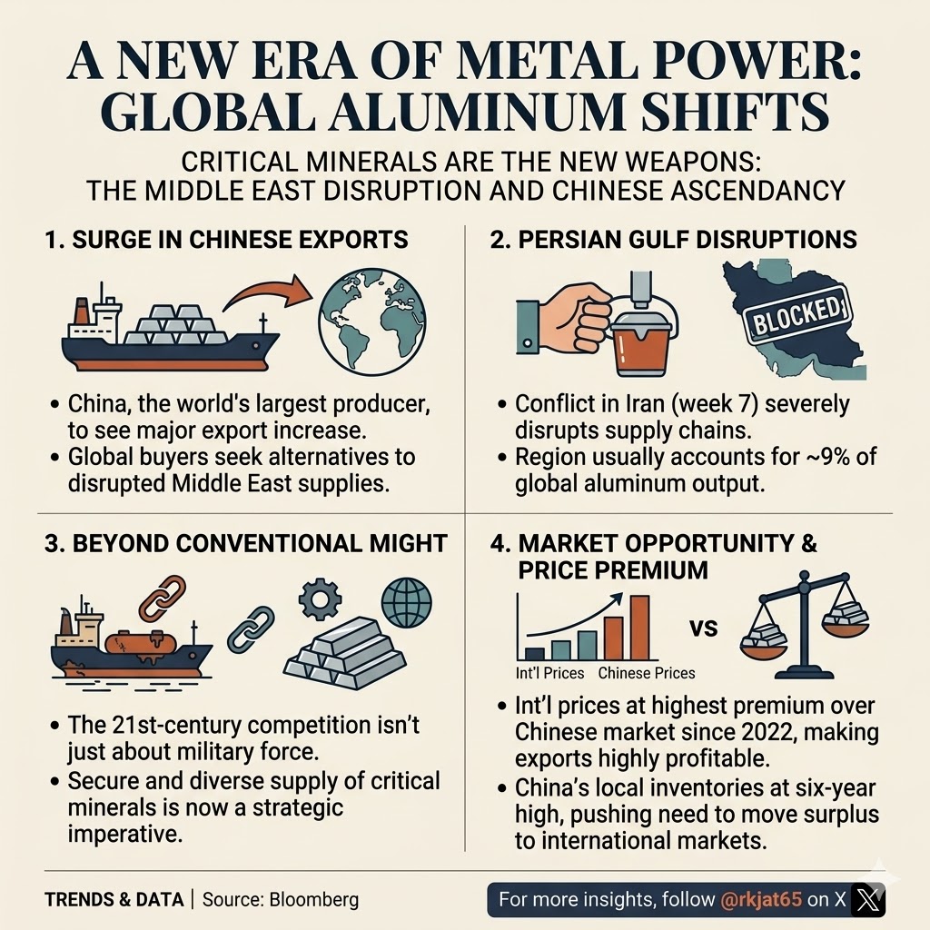 rkjat65's tweet image. As the Persian Gulf conflict enters its 7th week, global supply chains for aluminum are choking. 

China—the world’s top producer—is set to fill the void as international price premiums hit 2022 highs and domestic stocks reach a 6-year peak. 

#Market