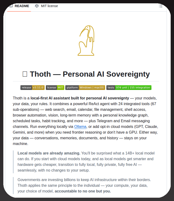 tom_doerr's tweet image. Local AI agent with tools and knowledge graph

github.com/siddsachar/Tho…