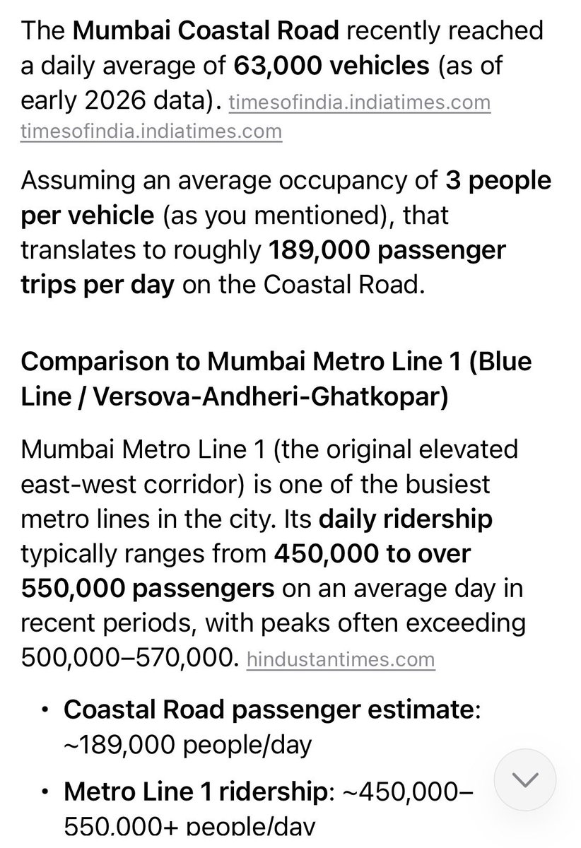 RNS1420's tweet photo. Yes, coastal road is seeing a surge. As it should. The article also says that main benefit has been to car owners or those who can afford taxis. Small %

We need sensible bus routes too on coastal road

And for comparison, what Metro can carry.
Need more metro &amp; last mile connect https://t.co/qDj16JmgjY