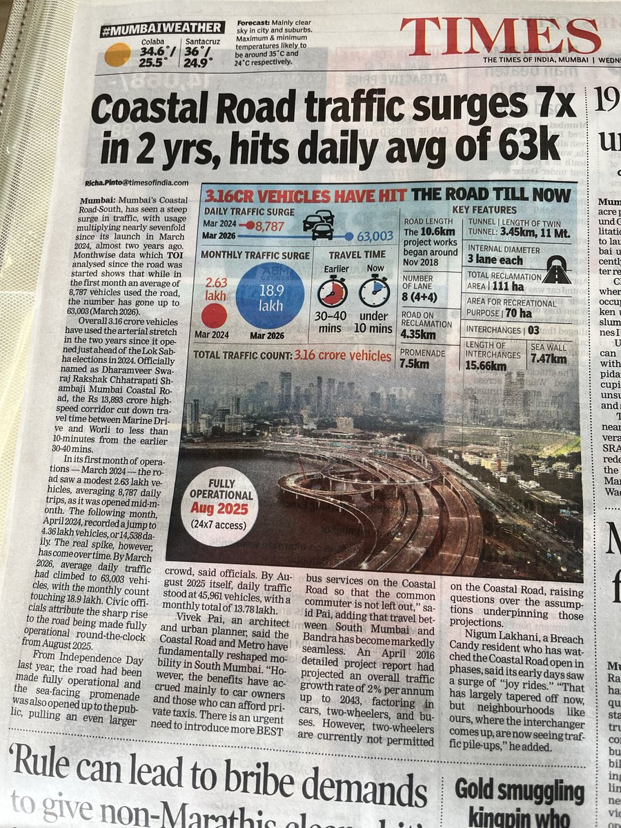 RNS1420's tweet photo. Yes, coastal road is seeing a surge. As it should. The article also says that main benefit has been to car owners or those who can afford taxis. Small %

We need sensible bus routes too on coastal road

And for comparison, what Metro can carry.
Need more metro &amp; last mile connect https://t.co/qDj16JmgjY